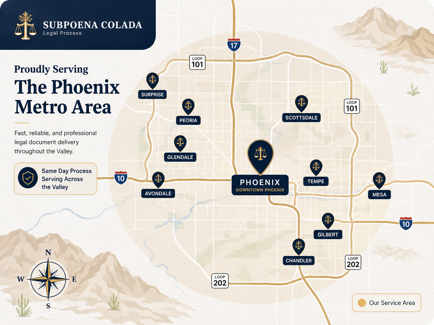 Phoenix metro service area map for same day process serving, marking Surprise, Peoria, Glendale, Avondale, Phoenix, Scottsdale, Tempe, Mesa, Gilbert and Chandler