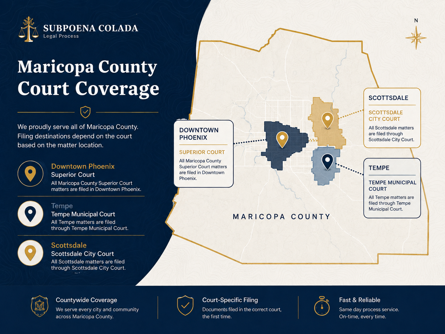 Maricopa County court coverage map for same day process serving in Phoenix, marking the Downtown Phoenix Superior Court, Tempe Municipal Court and Scottsdale City Court